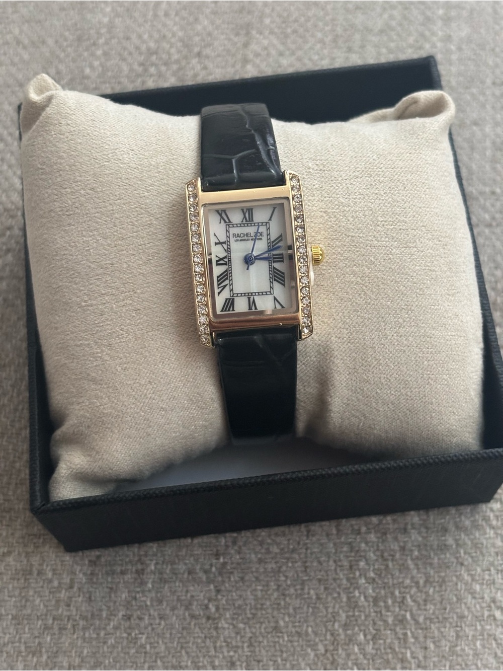 Rachel Zoe Black Leather Strap Gold-Tone Crystal Rectangle Watch